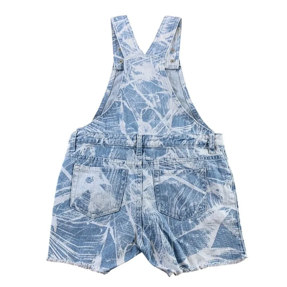The Childrens Place Girls Blue Abstract Palm Print Denim Shortalls Size 6X/7 NWT